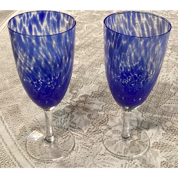Set of 2 Degas Art Glass Wine - Water Glasses by Block Blue Swirled Blown - Picture 1 of 10